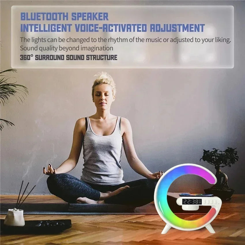 Multifunction Wireless Charger Stand with RGB Light – Fast Charging Pad, Alarm Clock & Speaker Dock for iPhone, Samsung, Xiaomi - SORAVA