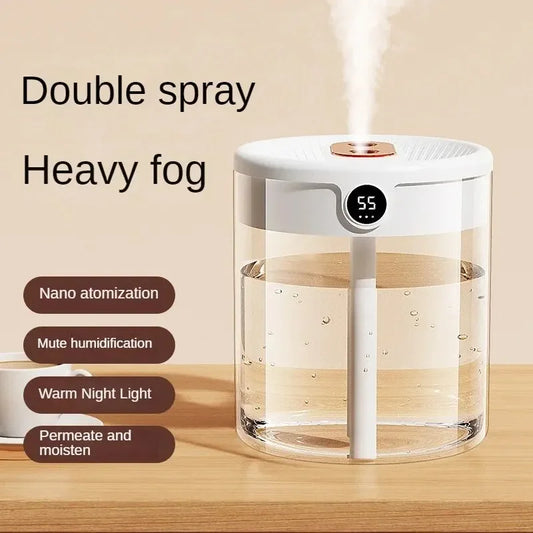 Dual Spray USB Humidifier – 2L Large Capacity Quiet Mini Diffuser with LED Display & Night Light for Home, Bedroom & Office - SORAVA