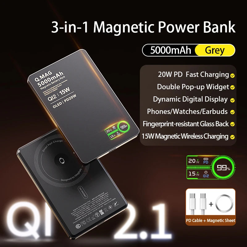 3-in-1 Magnetic Power Bank with Qi 15W Wireless Fast Charging – Intelligent LCD Display, Compatible with iPhone 12–17 Series, Apple Watch & AirPods