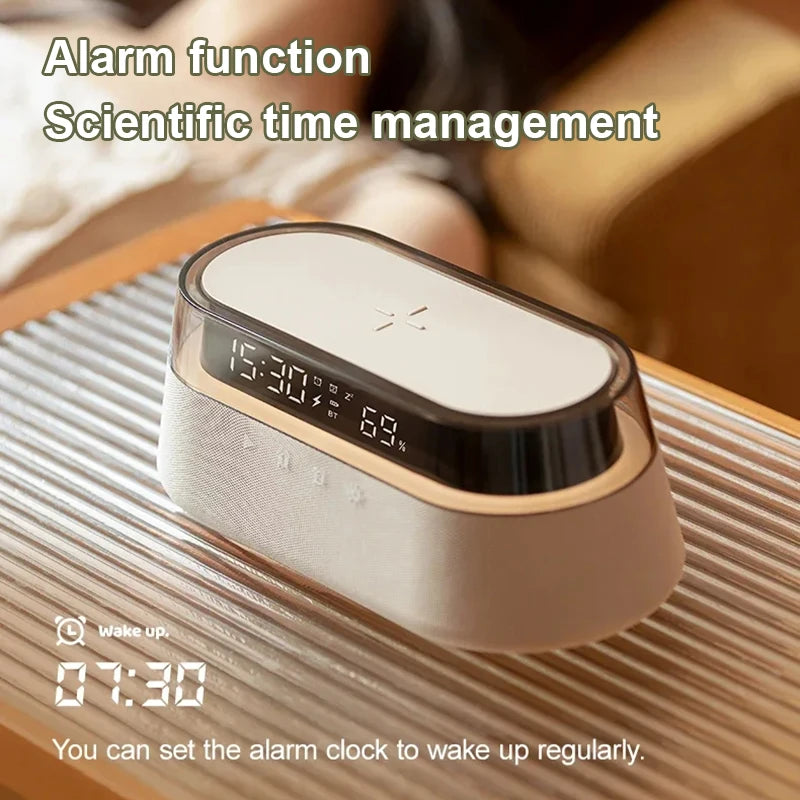 6-in-1 Smart Alarm Clock – 15W Wireless Charger, Bluetooth Speaker, FM Radio, Dual Alarm, USB Charging Port & RGB Night Light - SORAVA