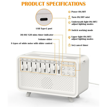 White Noise Machine & Aroma Diffuser – Humidifier with 8 Adjustable Sounds, Night Light & Bluetooth Speaker for Home Relaxation - SORAVA
