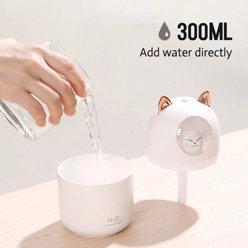 300ML Cute Cat Air Humidifier – Ultra-Silent USB Aromatherapy Mist Spray for Office, Bedroom, Car & Home with LED Cool Mist - SORAVA