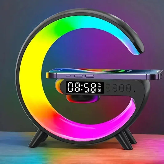 Multifunction Wireless Charger Stand with RGB Light – Fast Charging Pad, Alarm Clock & Speaker Dock for iPhone, Samsung, Xiaomi - SORAVA