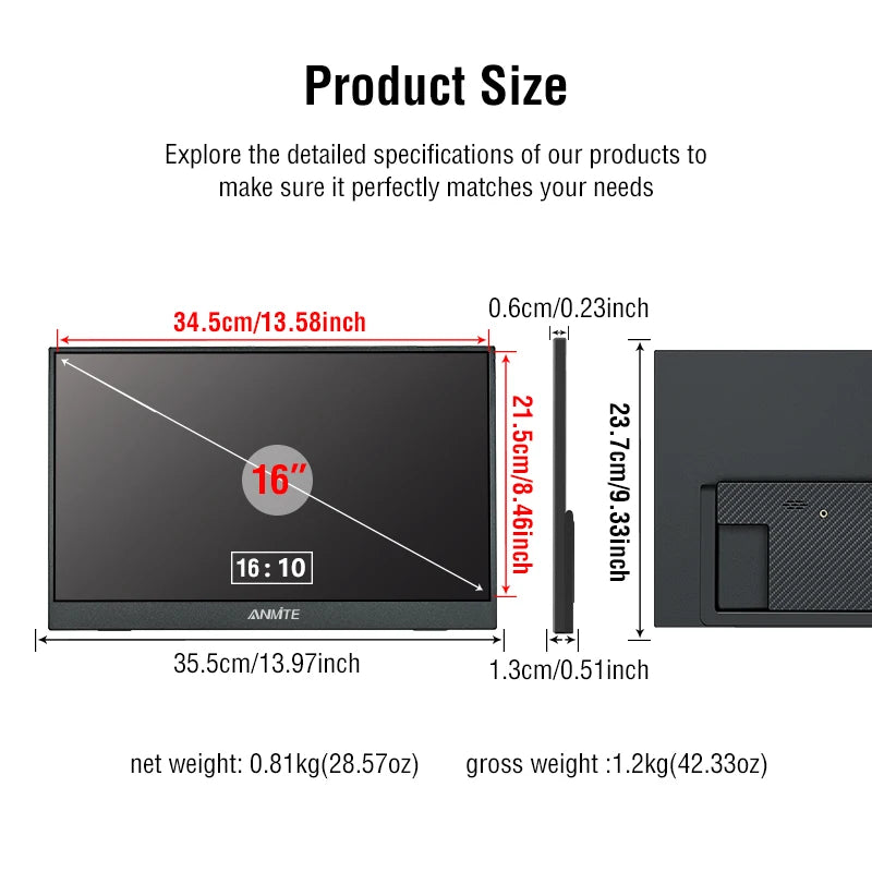 16” Portable Monitor – Touch & Non-Touch Options, 1200P HDR 16:10 Display for Laptop, PC, Xbox, PS5 & Switch