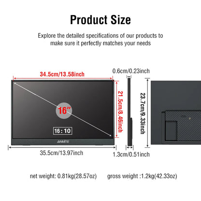 16” Portable Monitor – Touch & Non-Touch Options, 1200P HDR 16:10 Display for Laptop, PC, Xbox, PS5 & Switch