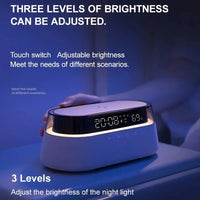 6-in-1 Smart Alarm Clock – 15W Wireless Charger, Bluetooth Speaker, FM Radio, Dual Alarm, USB Charging Port & RGB Night Light