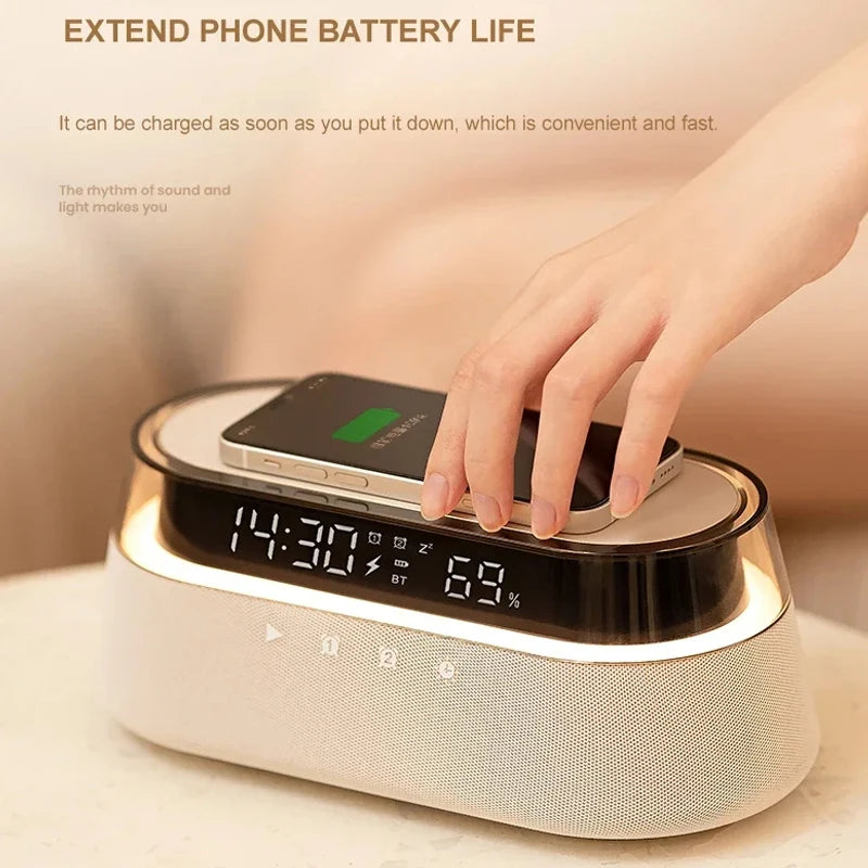 6-in-1 Smart Alarm Clock – 15W Wireless Charger, Bluetooth Speaker, FM Radio, Dual Alarm, USB Charging Port & RGB Night Light - SORAVA