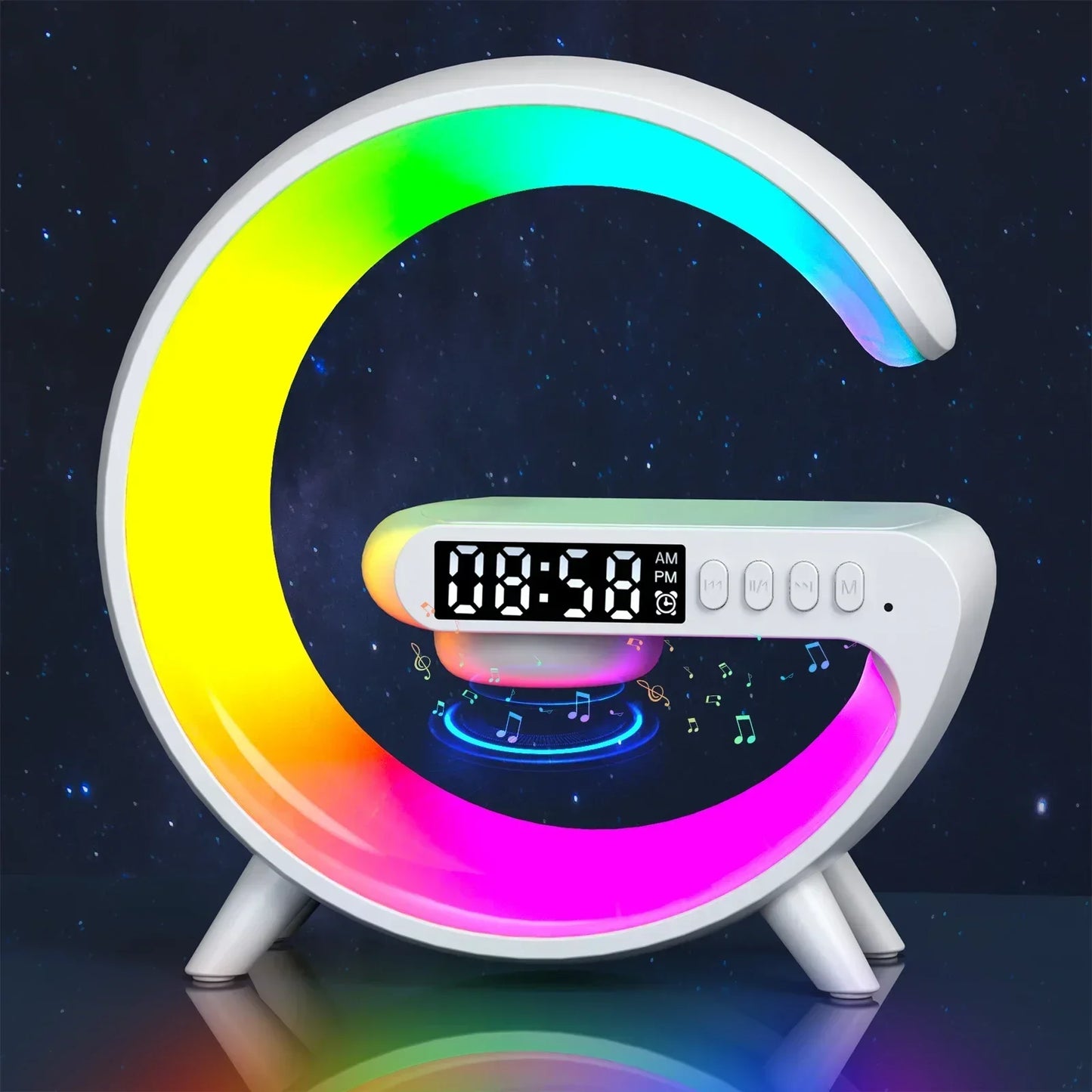 Multifunction Wireless Charger Stand with RGB Light – Fast Charging Pad, Alarm Clock & Speaker Dock for iPhone, Samsung, Xiaomi - SORAVA
