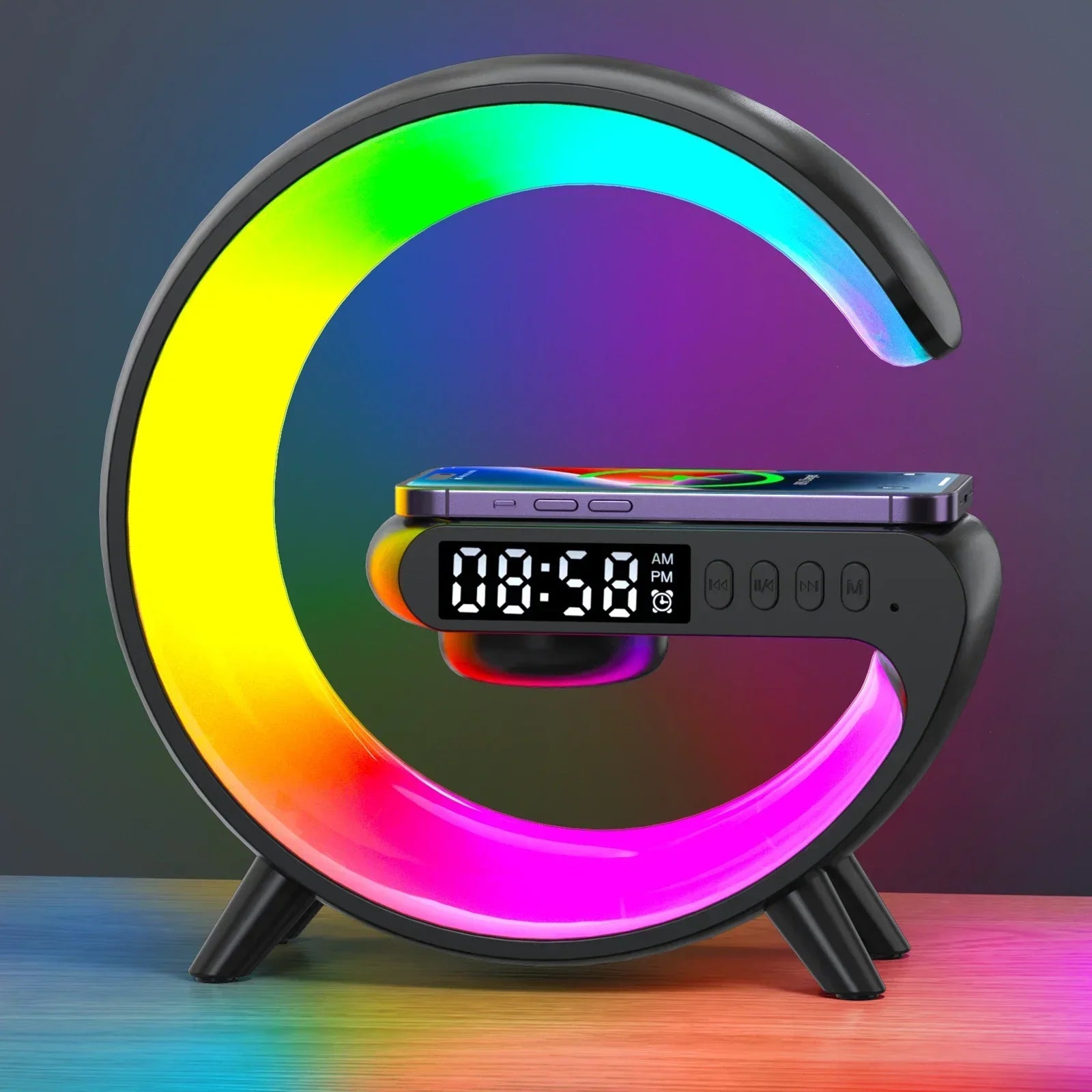 Multifunction Wireless Charger Stand with RGB Light – Fast Charging Pad, Alarm Clock & Speaker Dock for iPhone, Samsung, Xiaomi - SORAVA