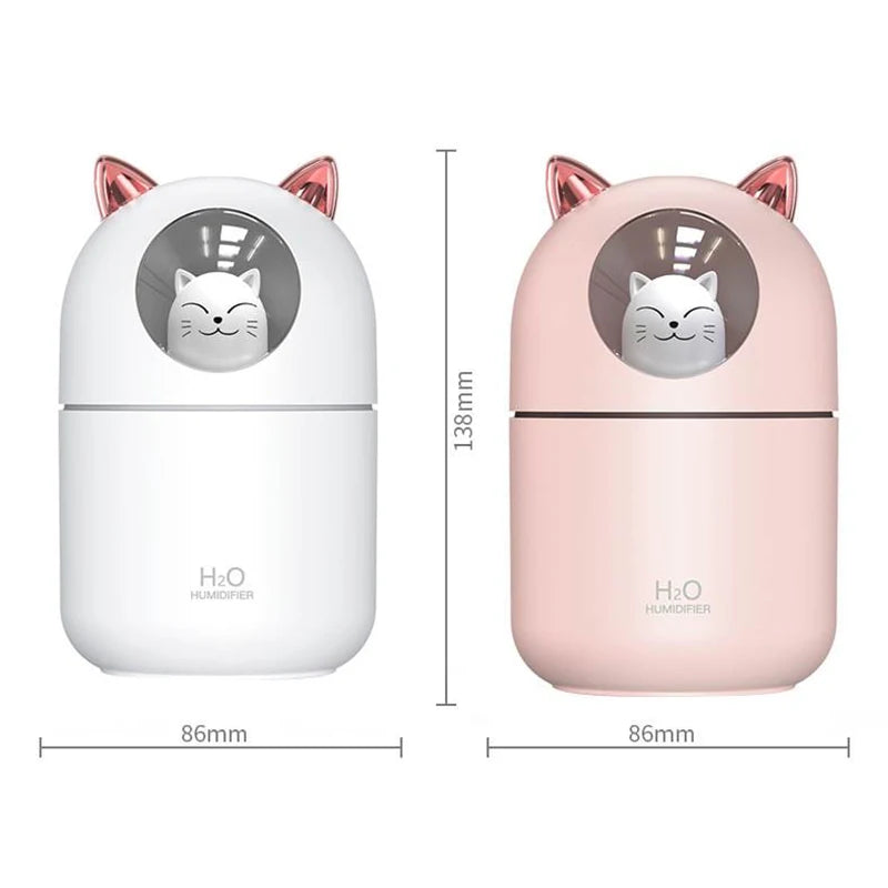 300ML Cute Cat Air Humidifier – Ultra-Silent USB Aromatherapy Mist Spray for Office, Bedroom, Car & Home with LED Cool Mist - SORAVA