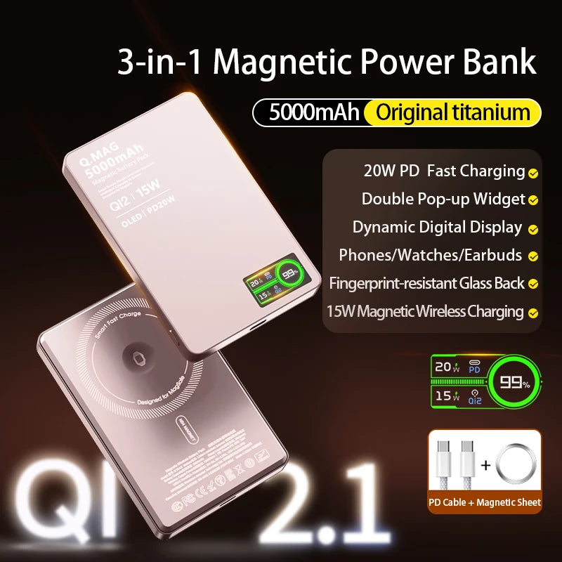 3-in-1 Magnetic Power Bank with Qi 15W Wireless Fast Charging – Intelligent LCD Display, Compatible with iPhone 12–17 Series, Apple Watch & AirPods