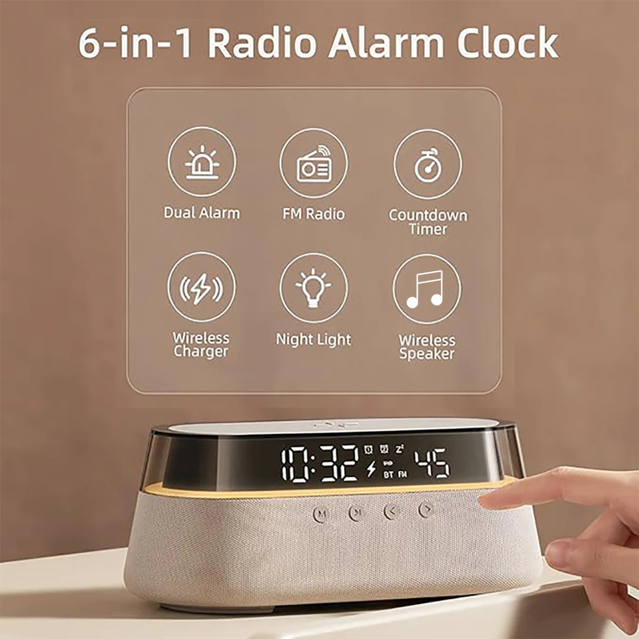 6-in-1 Smart Alarm Clock – 15W Wireless Charger, Bluetooth Speaker, FM Radio, Dual Alarm, USB Charging Port & RGB Night Light - SORAVA