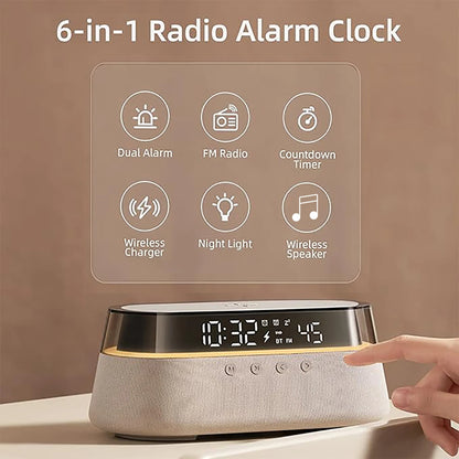 6-in-1 Smart Alarm Clock – 15W Wireless Charger, Bluetooth Speaker, FM Radio, Dual Alarm, USB Charging Port & RGB Night Light - SORAVA