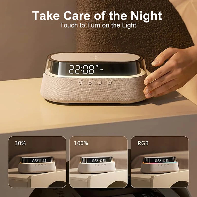 6-in-1 Smart Alarm Clock – 15W Wireless Charger, Bluetooth Speaker, FM Radio, Dual Alarm, USB Charging Port & RGB Night Light - SORAVA