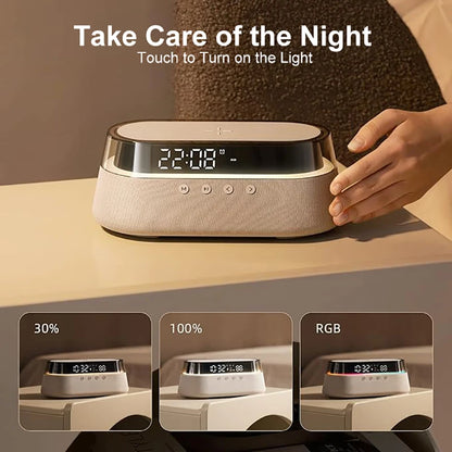 6-in-1 Smart Alarm Clock – 15W Wireless Charger, Bluetooth Speaker, FM Radio, Dual Alarm, USB Charging Port & RGB Night Light - SORAVA