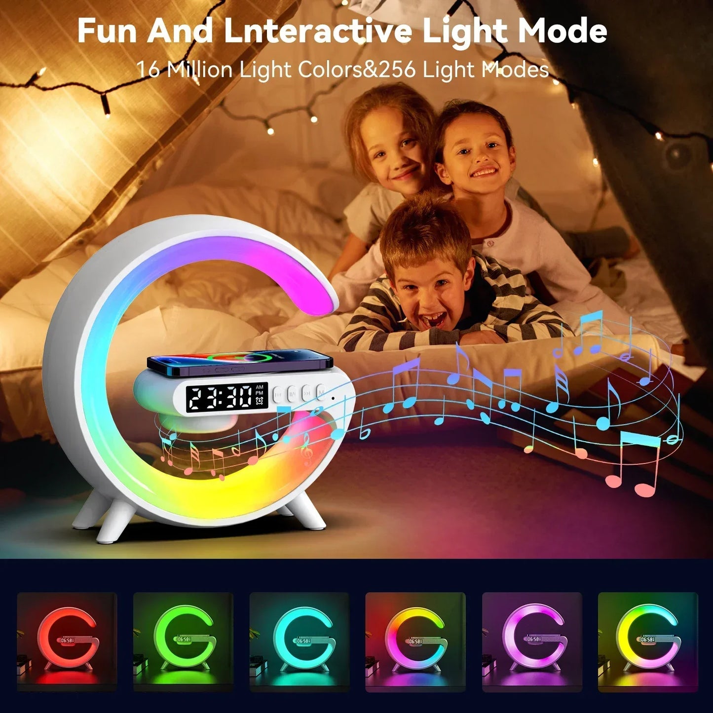 Multifunction Wireless Charger Stand with RGB Light – Fast Charging Pad, Alarm Clock & Speaker Dock for iPhone, Samsung, Xiaomi - SORAVA