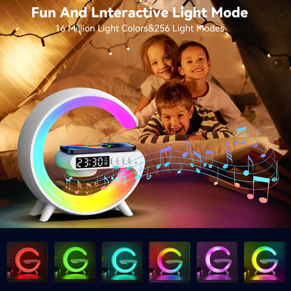 Multifunction Wireless Charger Stand with RGB Light – Fast Charging Pad, Alarm Clock & Speaker Dock for iPhone, Samsung, Xiaomi - SORAVA