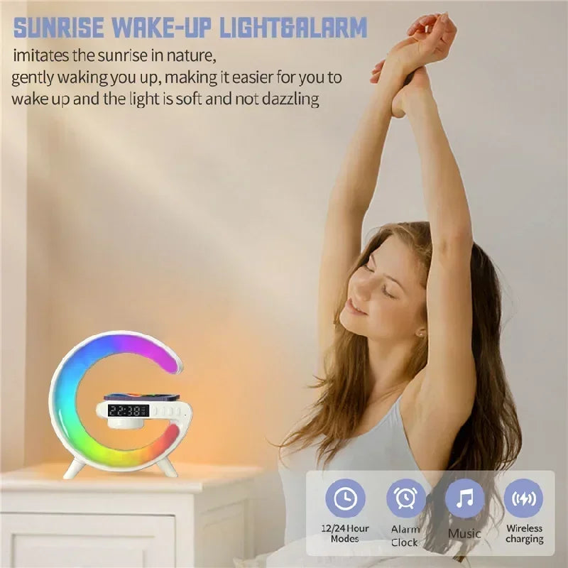 Multifunction Wireless Charger Stand with RGB Light – Fast Charging Pad, Alarm Clock & Speaker Dock for iPhone, Samsung, Xiaomi - SORAVA