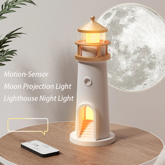 Moon Lamp Projection Night Light – Lighthouse Design with Remote, Bluetooth Music & Motion Sensor, Perfect Xmas & Birthday Gift - SORAVA