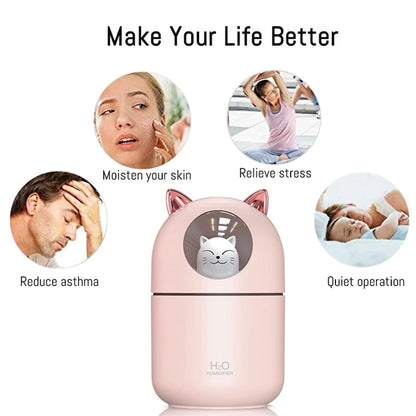 300ML Cute Cat Air Humidifier – Ultra-Silent USB Aromatherapy Mist Spray for Office, Bedroom, Car & Home with LED Cool Mist - SORAVA