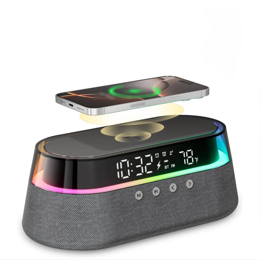 6-in-1 Smart Alarm Clock – 15W Wireless Charger, Bluetooth Speaker, FM Radio, Dual Alarm, USB Charging Port & RGB Night Light - SORAVA