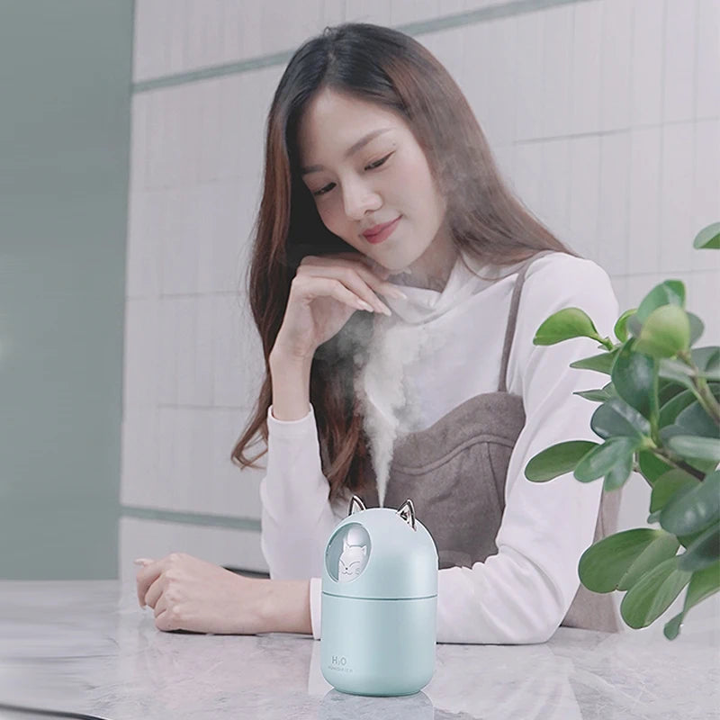 300ML Cute Cat Air Humidifier – Ultra-Silent USB Aromatherapy Mist Spray for Office, Bedroom, Car & Home with LED Cool Mist - SORAVA