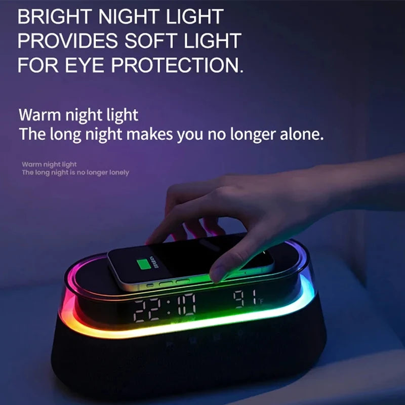 6-in-1 Smart Alarm Clock – 15W Wireless Charger, Bluetooth Speaker, FM Radio, Dual Alarm, USB Charging Port & RGB Night Light - SORAVA