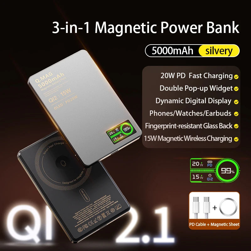 3-in-1 Magnetic Power Bank with Qi 15W Wireless Fast Charging – Intelligent LCD Display, Compatible with iPhone 12–17 Series, Apple Watch & AirPods
