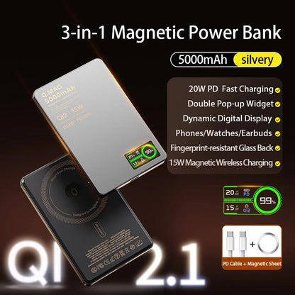 3-in-1 Magnetic Power Bank with Qi 15W Wireless Fast Charging – Intelligent LCD Display, Compatible with iPhone 12–17 Series, Apple Watch & AirPods