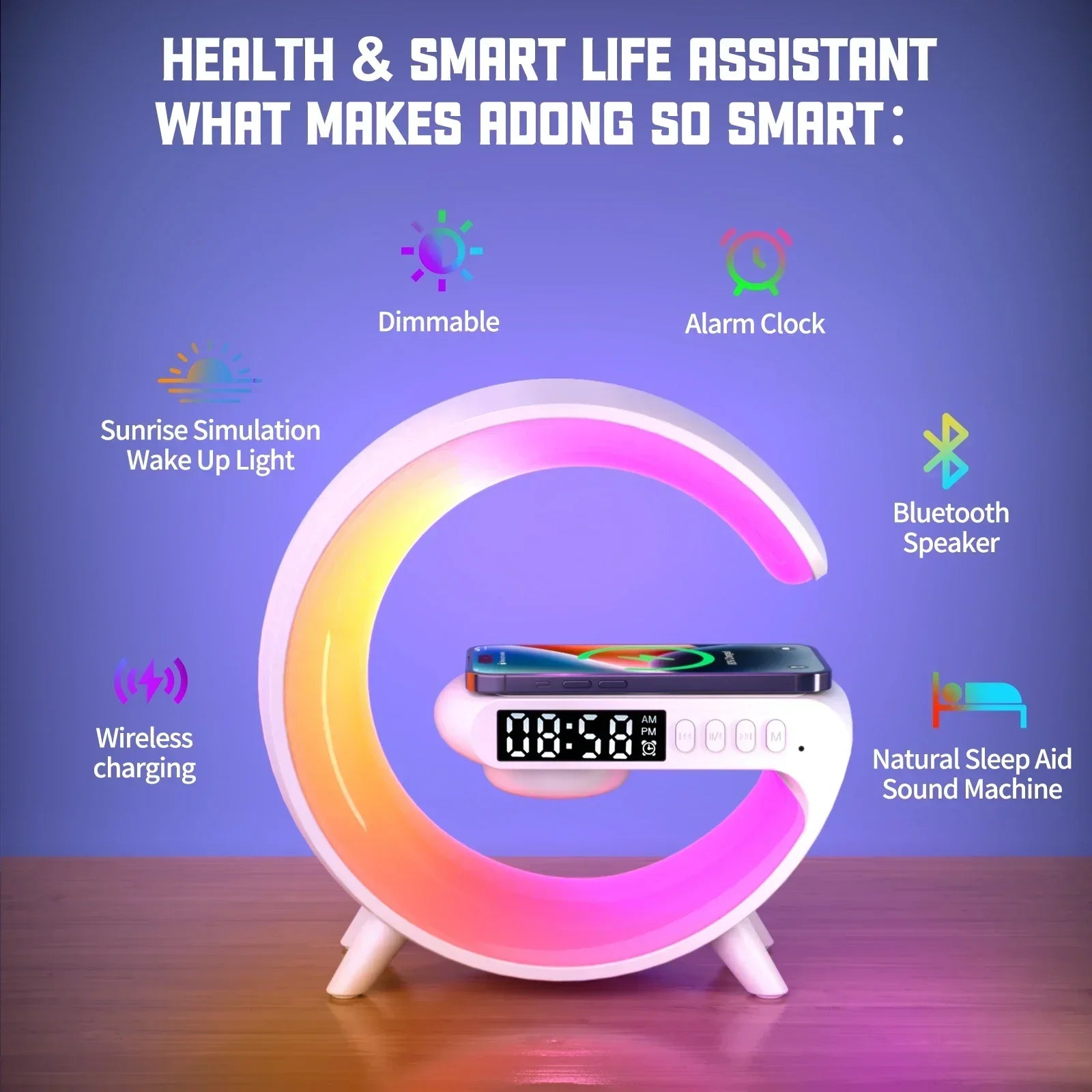 Multifunction Wireless Charger Stand with RGB Light – Fast Charging Pad, Alarm Clock & Speaker Dock for iPhone, Samsung, Xiaomi - SORAVA