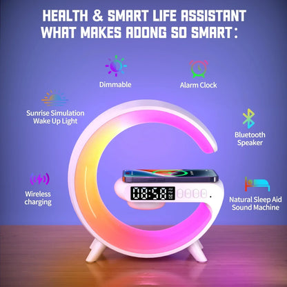 Multifunction Wireless Charger Stand with RGB Light – Fast Charging Pad, Alarm Clock & Speaker Dock for iPhone, Samsung, Xiaomi - SORAVA