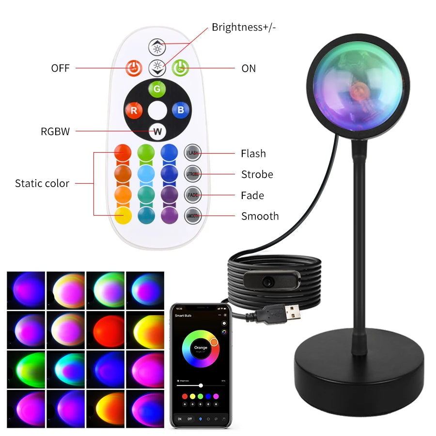 Smart Sunset Lamp – Tuya LED Night Light with USB, RGB & Smart Life App, Remote Control Projection for Room Decor, Photography & Festivals - SORAVA
