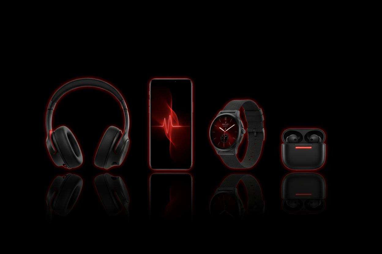 Create a premium Black Friday visual in pure black with sharp luxury red accents. Ultra-minimal, modern tech aesthetic. Show four featured products arranged in a sleek horizontal carousel layout with soft reflections and clean shadows. Use high-contrast lighting and subtle red edge highlights. Do not add any text, numbers, words, labels, or discount percentages. Only visual elements. No typography. No banners with writing.